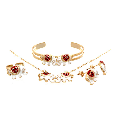 Introducing the Girls Elephant Charm Jewelry Set, which includes a necklace, bracelet, ring, and earrings. Each piece is beautifully decorated with intricately designed elephant charms accented in red. This exquisite set features silver and gold plating and comes with adjustable jewelry options to ensure a perfect fit.